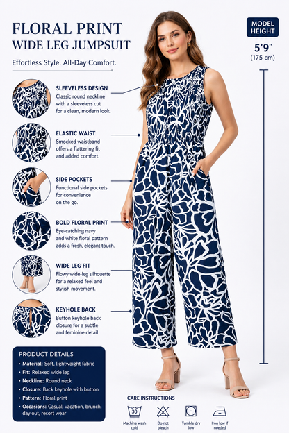 Floral Print Sleeveless Wide Leg Jumpsuit | Navy Blue Casual One Piece Outfit with Pockets