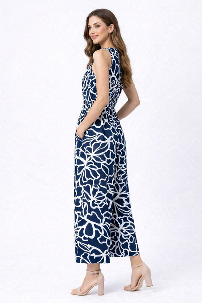Floral Print Sleeveless Wide Leg Jumpsuit | Navy Blue Casual One Piece Outfit with Pockets
