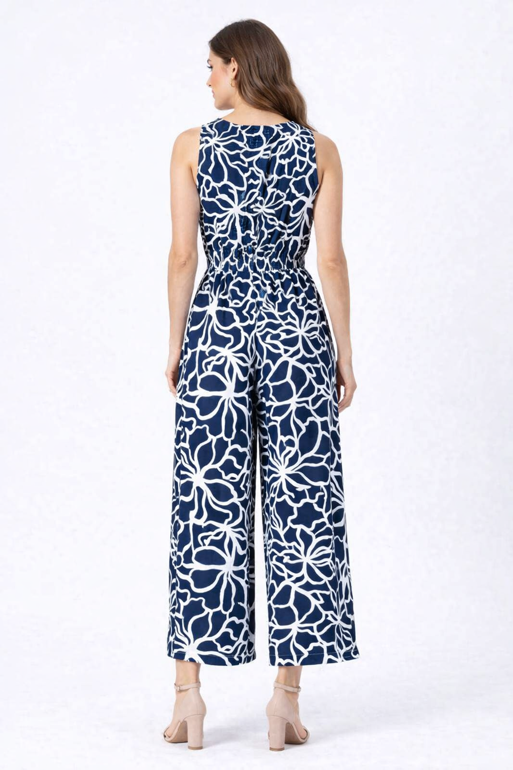 Floral Print Sleeveless Wide Leg Jumpsuit | Navy Blue Casual One Piece Outfit with Pockets