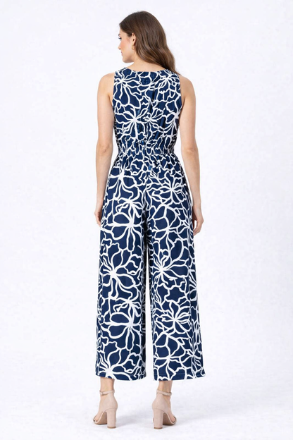 Floral Print Sleeveless Wide Leg Jumpsuit | Navy Blue Casual One Piece Outfit with Pockets