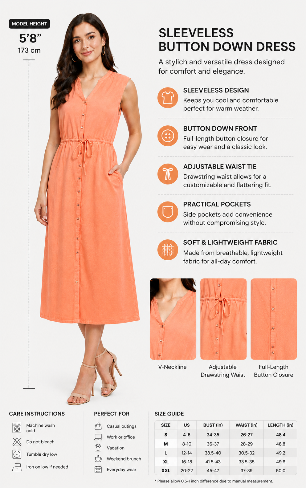 Orange Sleeveless Button-Down Cotton Midi Dress | V-Neck Casual Dress with Pockets