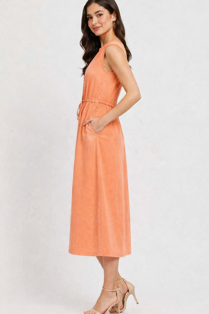 Orange Sleeveless Button-Down Cotton Midi Dress | V-Neck Casual Dress with Pockets