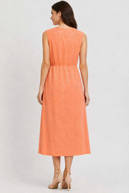 Orange Sleeveless Button-Down Cotton Midi Dress | V-Neck Casual Dress with Pockets