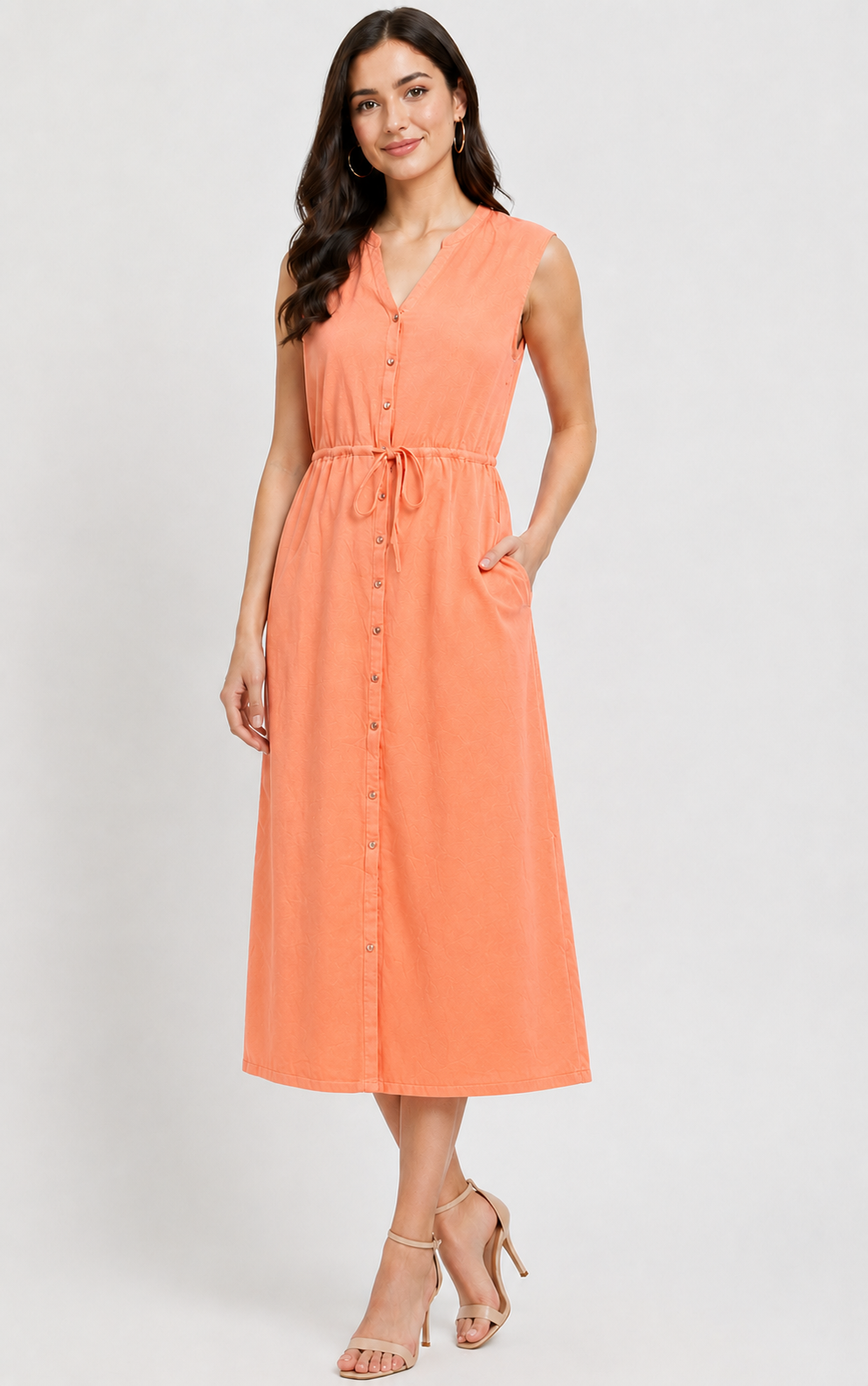 Orange Sleeveless Button-Down Cotton Midi Dress | V-Neck Casual Dress with Pockets
