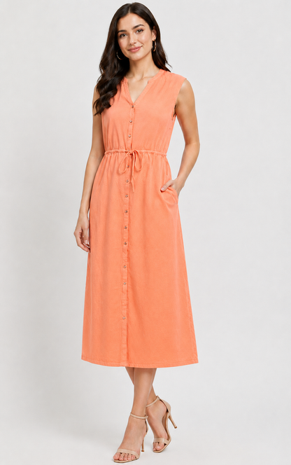 Orange Sleeveless Button-Down Cotton Midi Dress | V-Neck Casual Dress with Pockets