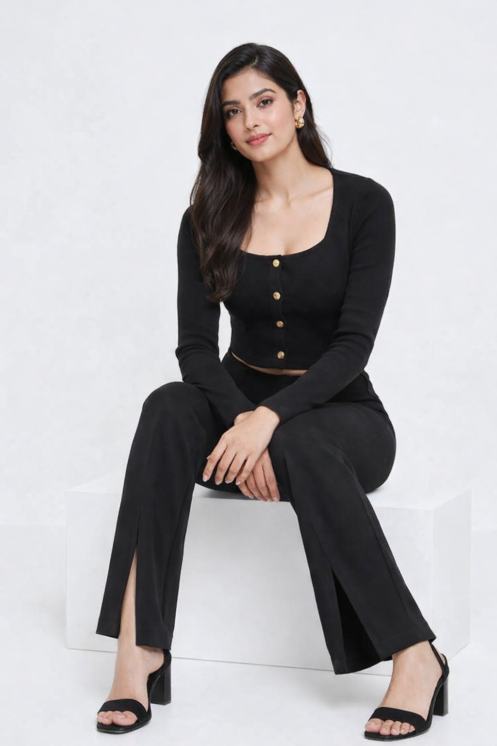 Black 2 Piece Co-Ord Set | Stretchable Viscose Blend | Square Neck Crop Top & High Waist Front Slit Pants