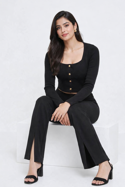 Black 2 Piece Co-Ord Set | Stretchable Viscose Blend | Square Neck Crop Top & High Waist Front Slit Pants
