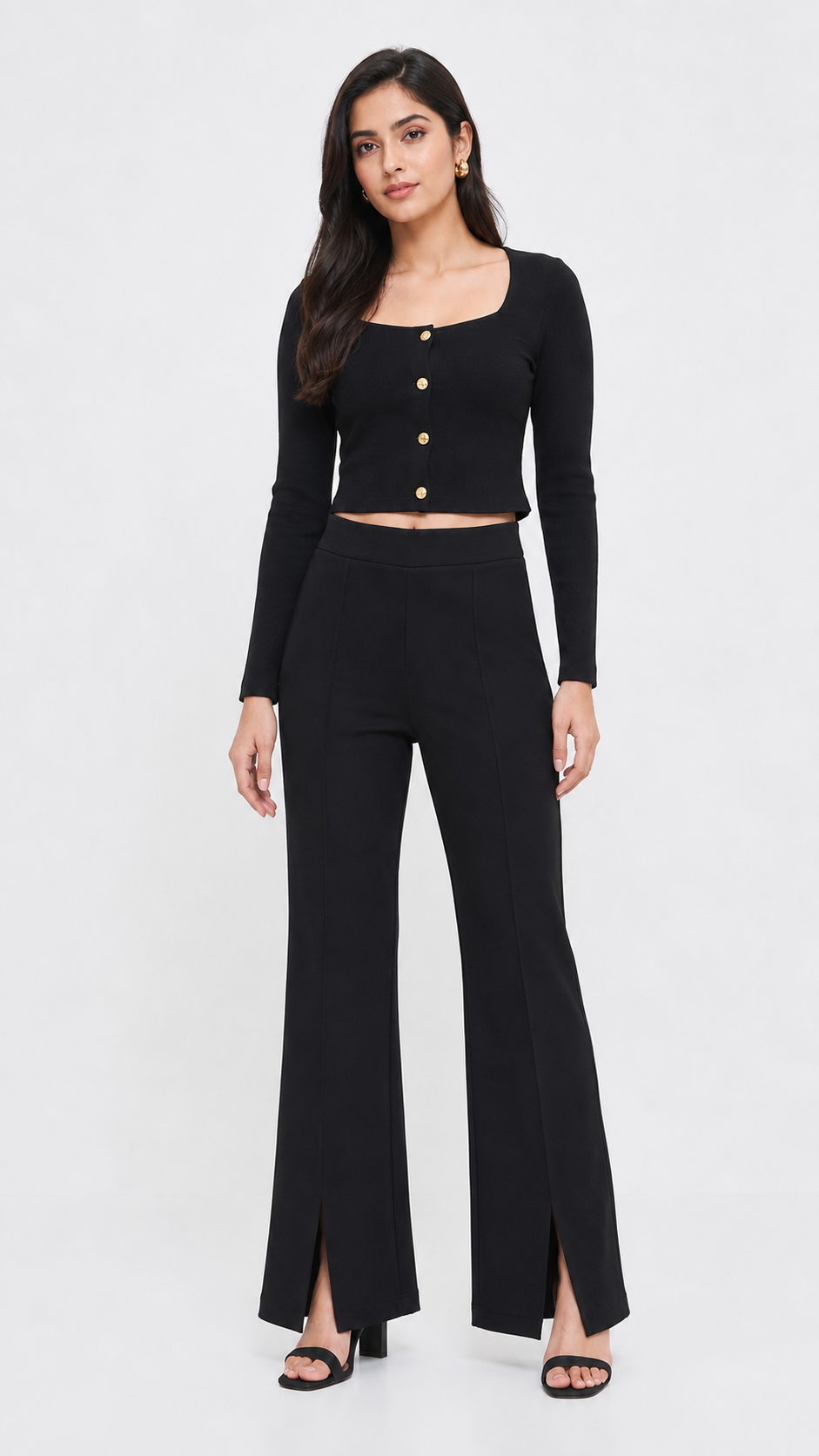 Black 2 Piece Co-Ord Set | Stretchable Viscose Blend | Square Neck Crop Top & High Waist Front Slit Pants