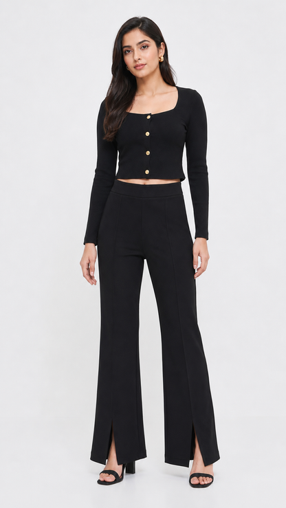 Black 2 Piece Co-Ord Set | Stretchable Viscose Blend | Square Neck Crop Top & High Waist Front Slit Pants