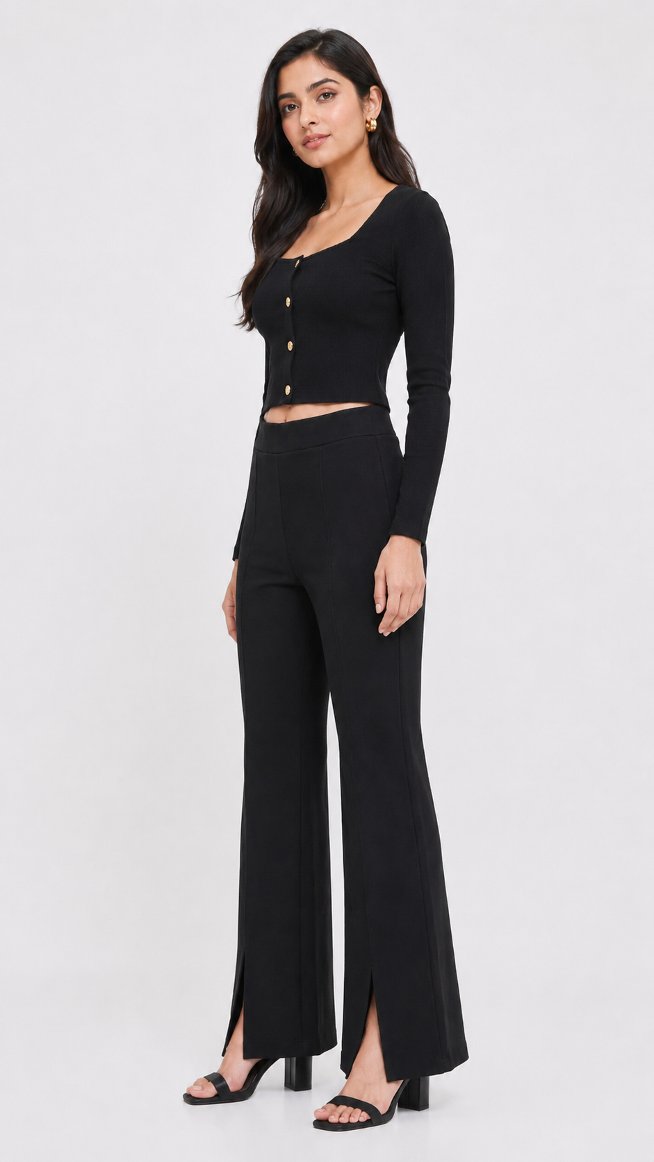 Black 2 Piece Co-Ord Set | Stretchable Viscose Blend | Square Neck Crop Top & High Waist Front Slit Pants