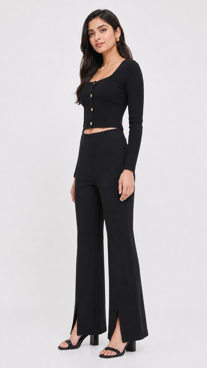 Black 2 Piece Co-Ord Set | Stretchable Viscose Blend | Square Neck Crop Top & High Waist Front Slit Pants