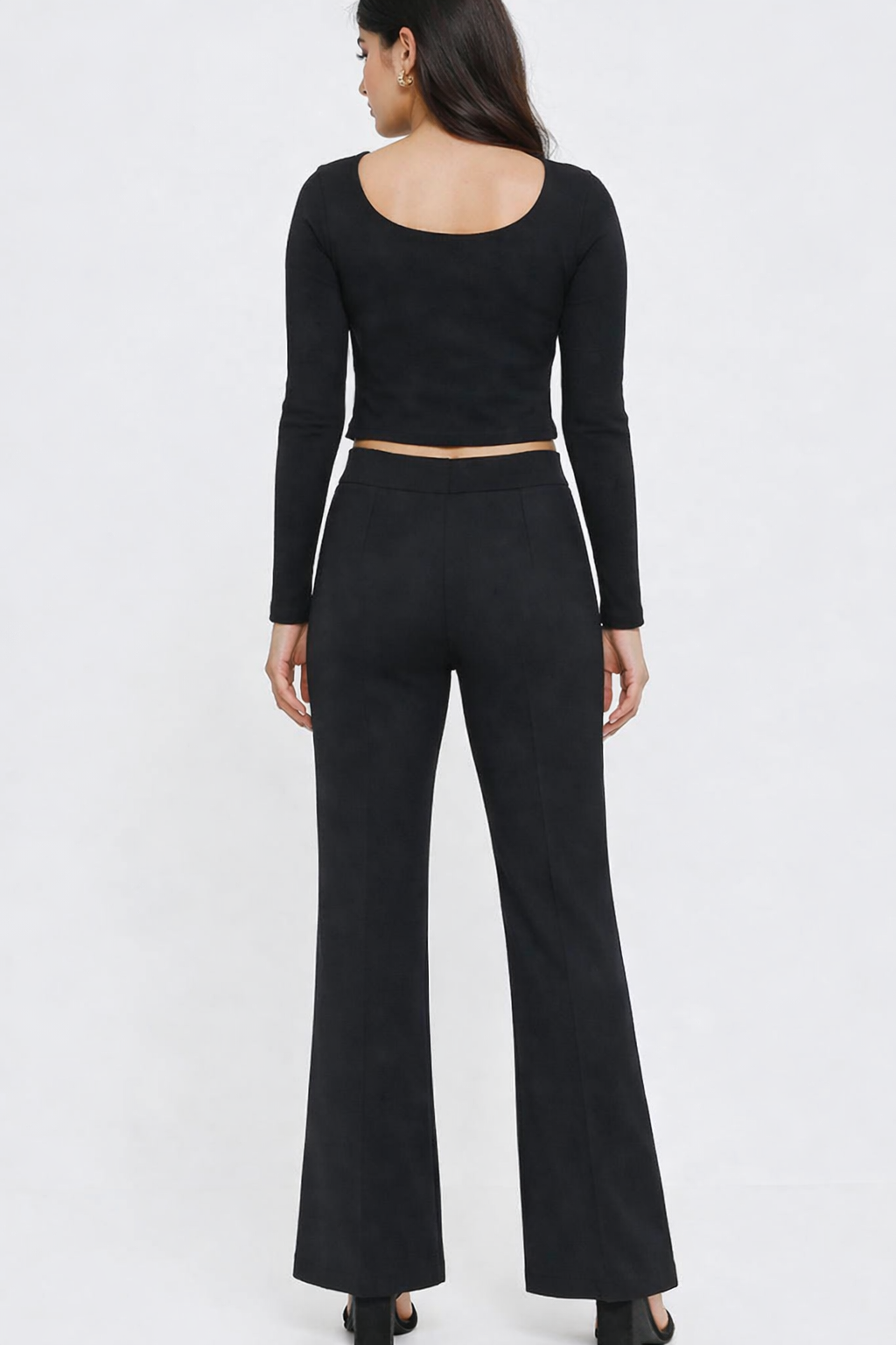 Black 2 Piece Co-Ord Set | Stretchable Viscose Blend | Square Neck Crop Top & High Waist Front Slit Pants