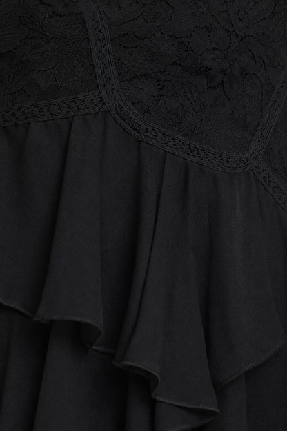 Chiffon High-Low Ruffle Skirt | Layered Midi Skirt | Back Zip Closure | 100% Polyester | Black