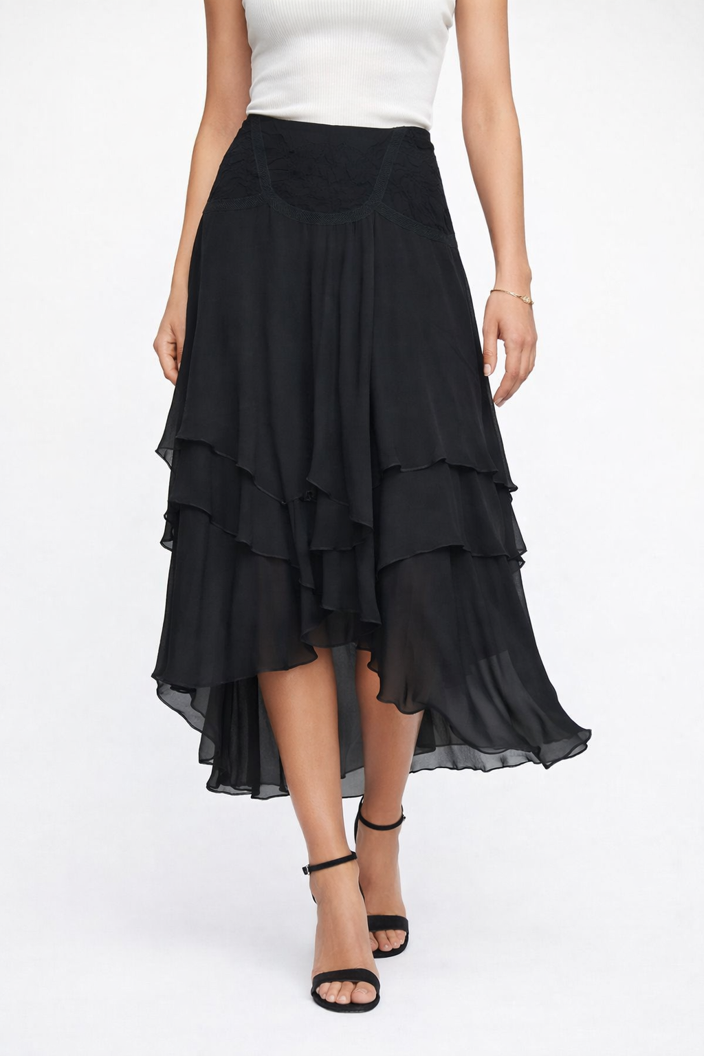 Chiffon High-Low Ruffle Skirt | Layered Midi Skirt | Back Zip Closure | 100% Polyester | Black