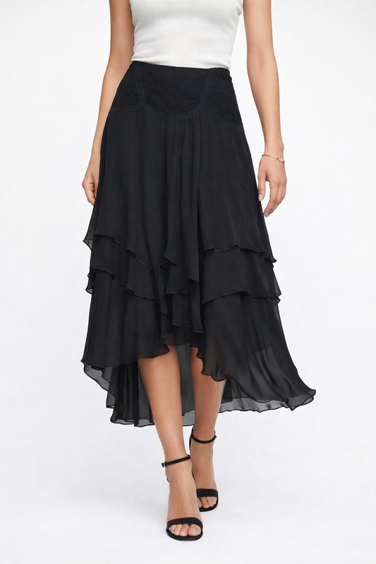 Chiffon High-Low Ruffle Skirt | Layered Midi Skirt | Back Zip Closure | 100% Polyester | Black