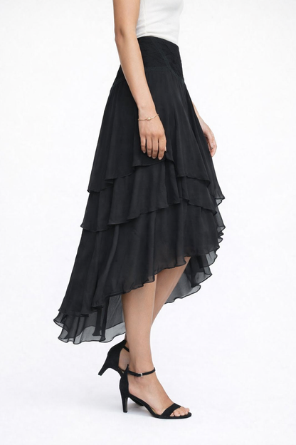 Chiffon High-Low Ruffle Skirt | Layered Midi Skirt | Back Zip Closure | 100% Polyester | Black
