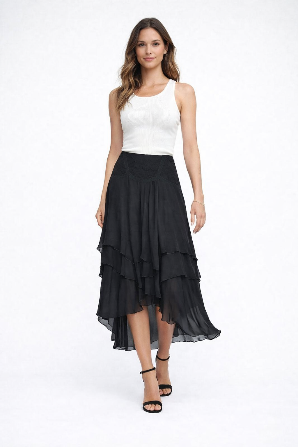 Chiffon High-Low Ruffle Skirt | Layered Midi Skirt | Back Zip Closure | 100% Polyester | Black