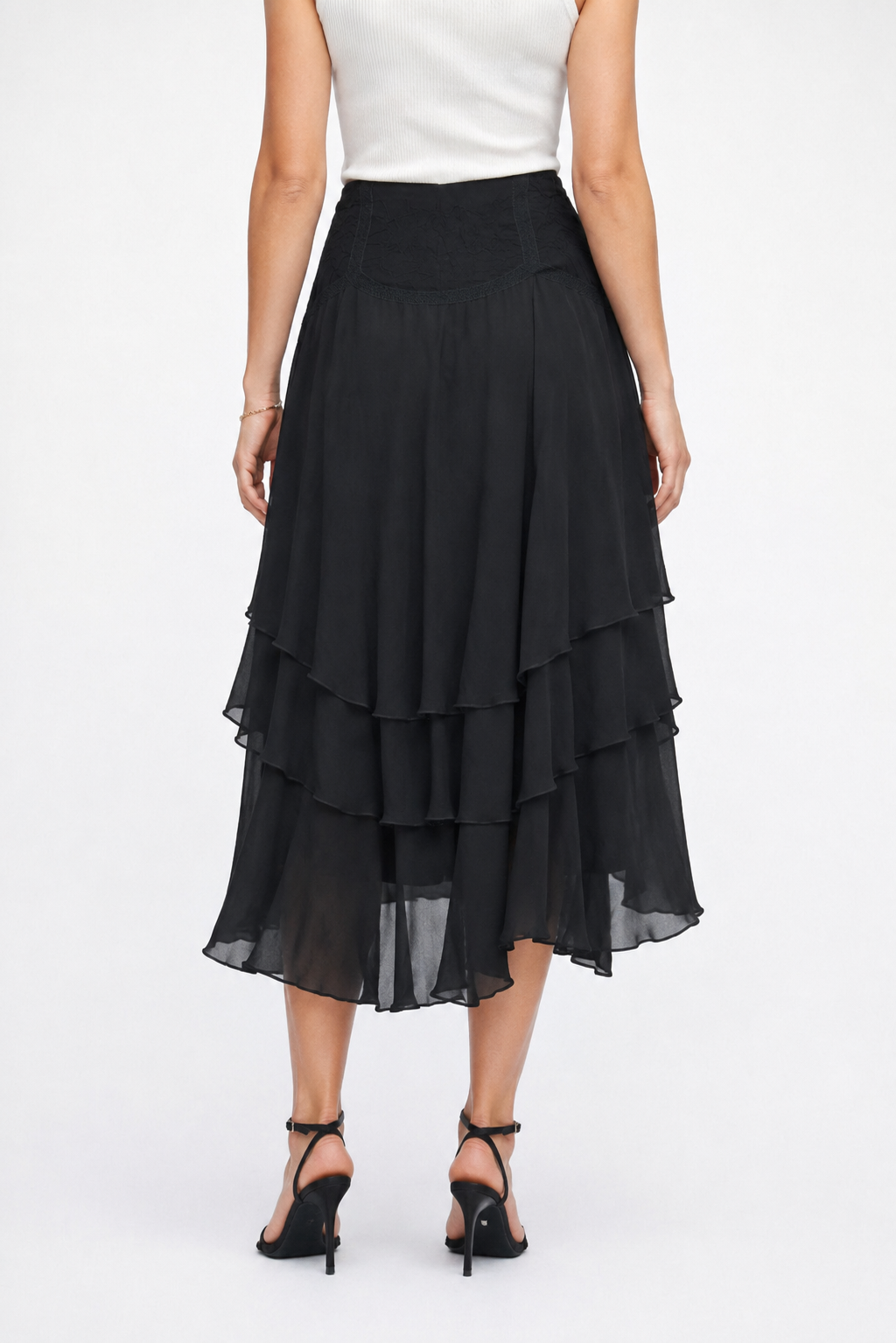 Chiffon High-Low Ruffle Skirt | Layered Midi Skirt | Back Zip Closure | 100% Polyester | Black