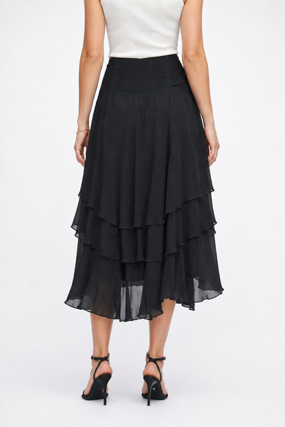 Chiffon High-Low Ruffle Skirt | Layered Midi Skirt | Back Zip Closure | 100% Polyester | Black