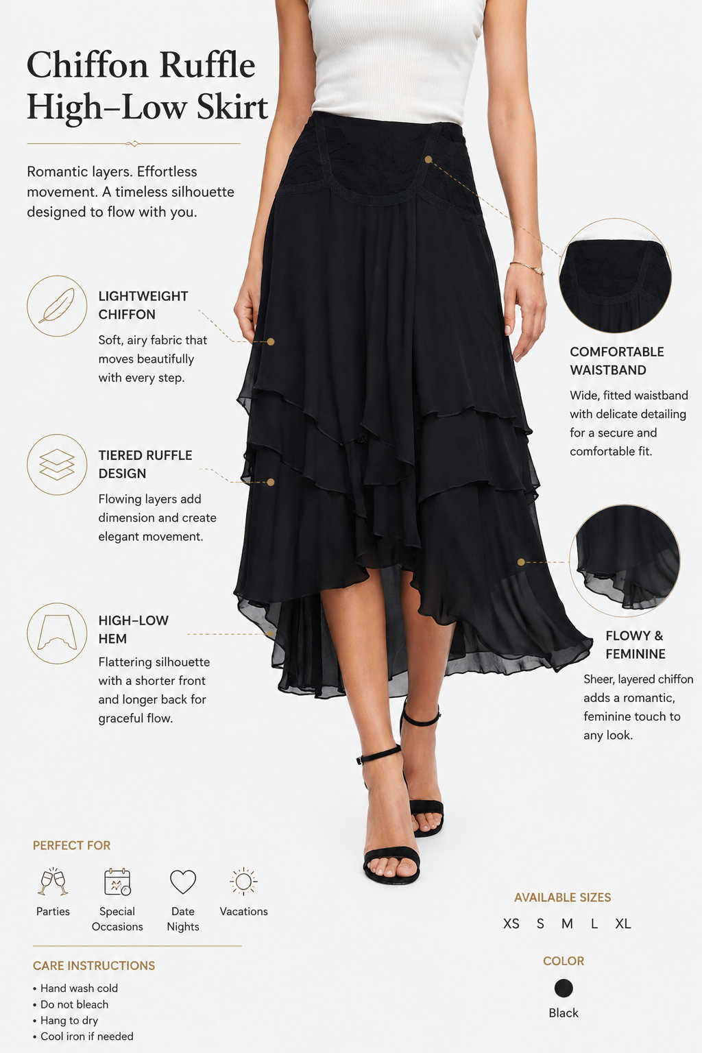 Chiffon High-Low Ruffle Skirt | Layered Midi Skirt | Back Zip Closure | 100% Polyester | Black