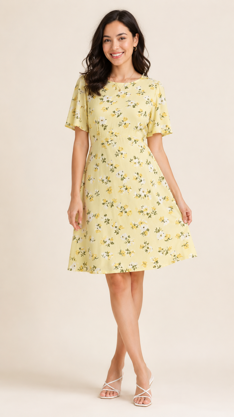 Floral Printed Mini Dress | 100% Rayon | Round Neck | Short Flutter Sleeves | Fit & Flare Casual Dress with 2 Side Pockets | Light Yellow