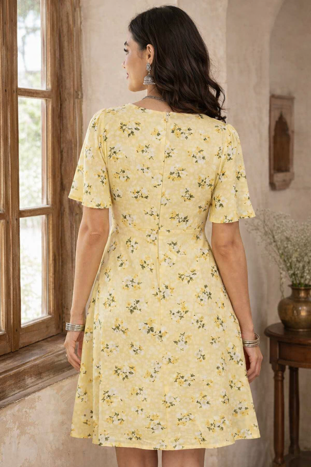 Floral Printed Mini Dress | 100% Rayon | Round Neck | Short Flutter Sleeves | Fit & Flare Casual Dress with 2 Side Pockets | Light Yellow