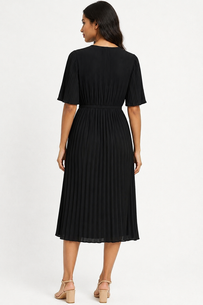 Pleated Midi Dress | Round Neck | Half Sleeves | Tie-Up Waist | Regular Fit | 100% Polyester | Black
