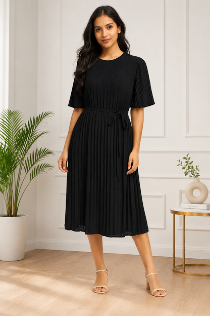 Pleated Midi Dress | Round Neck | Half Sleeves | Tie-Up Waist | Regular Fit | 100% Polyester | Black