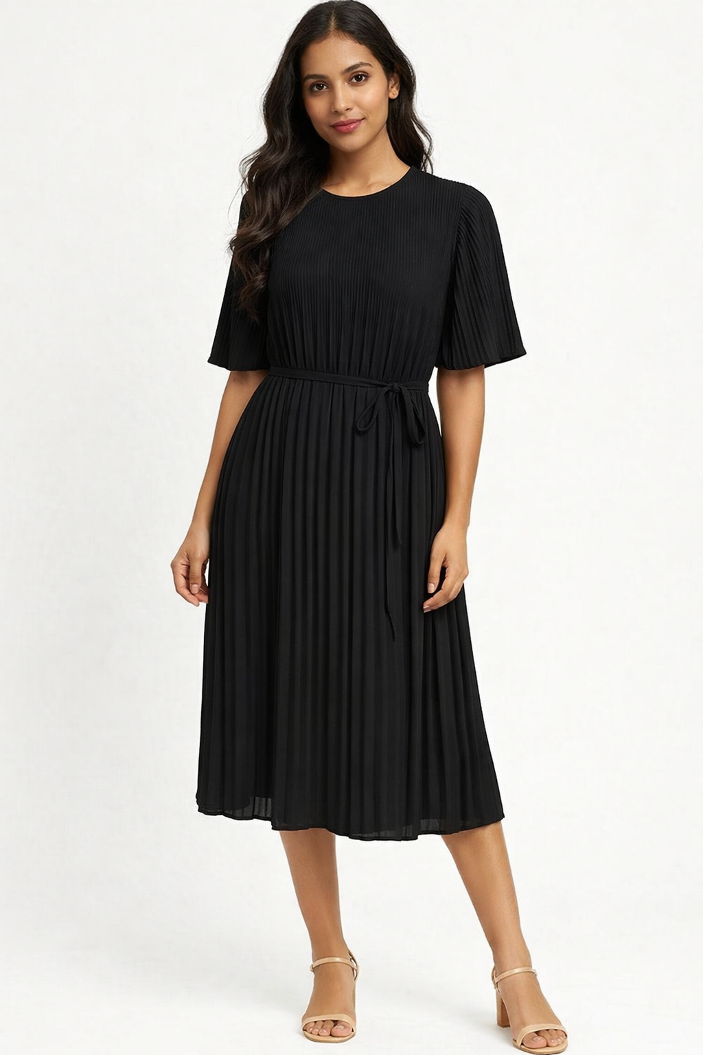 Pleated Midi Dress | Round Neck | Half Sleeves | Tie-Up Waist | Regular Fit | 100% Polyester | Black