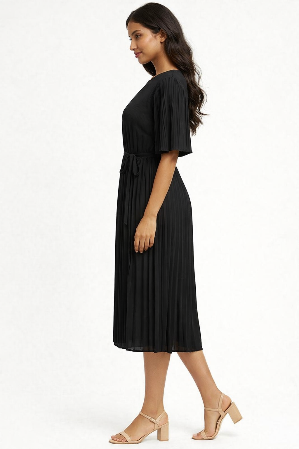 Pleated Midi Dress | Round Neck | Half Sleeves | Tie-Up Waist | Regular Fit | 100% Polyester | Black
