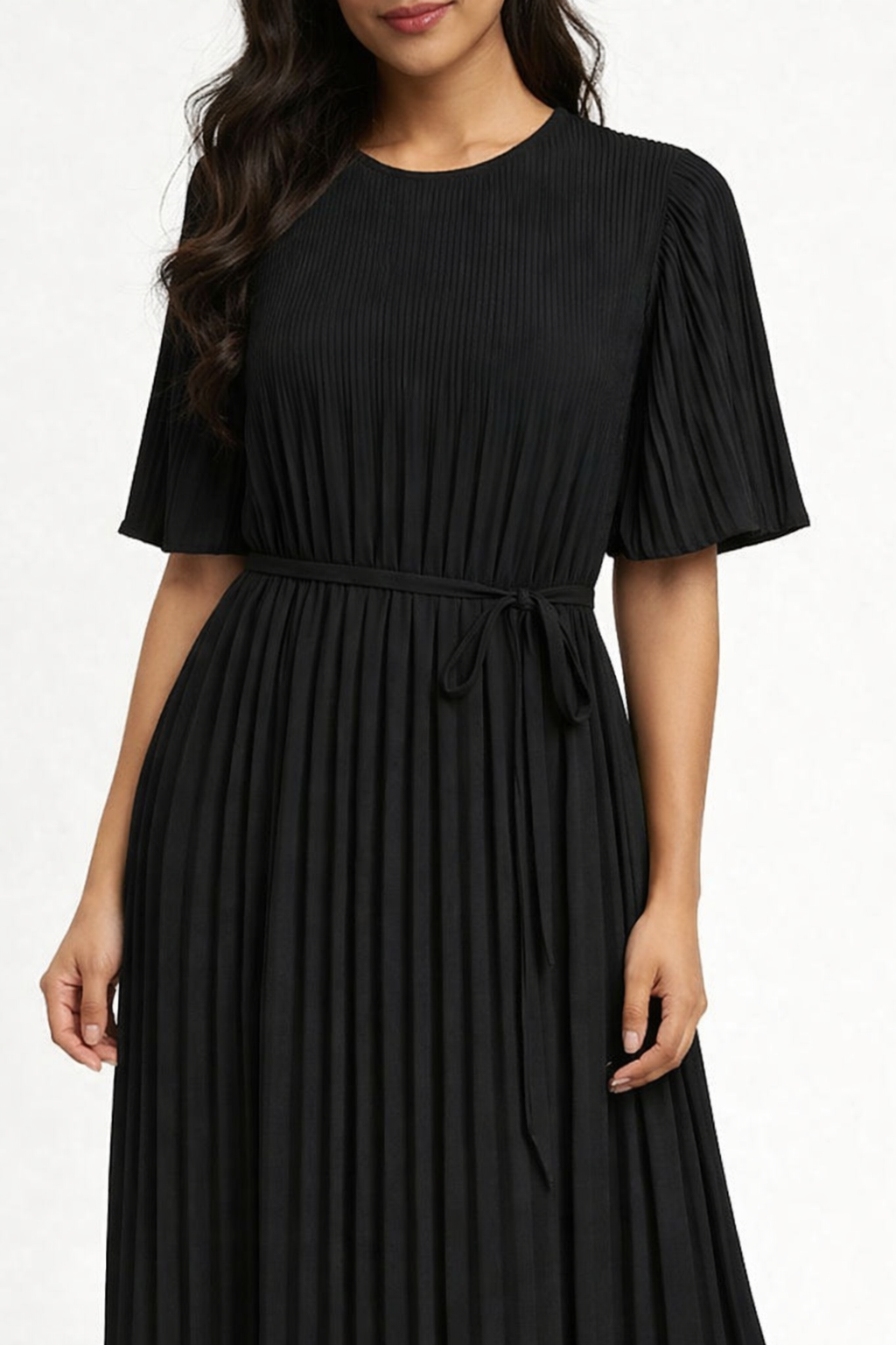 Pleated Midi Dress | Round Neck | Half Sleeves | Tie-Up Waist | Regular Fit | 100% Polyester | Black