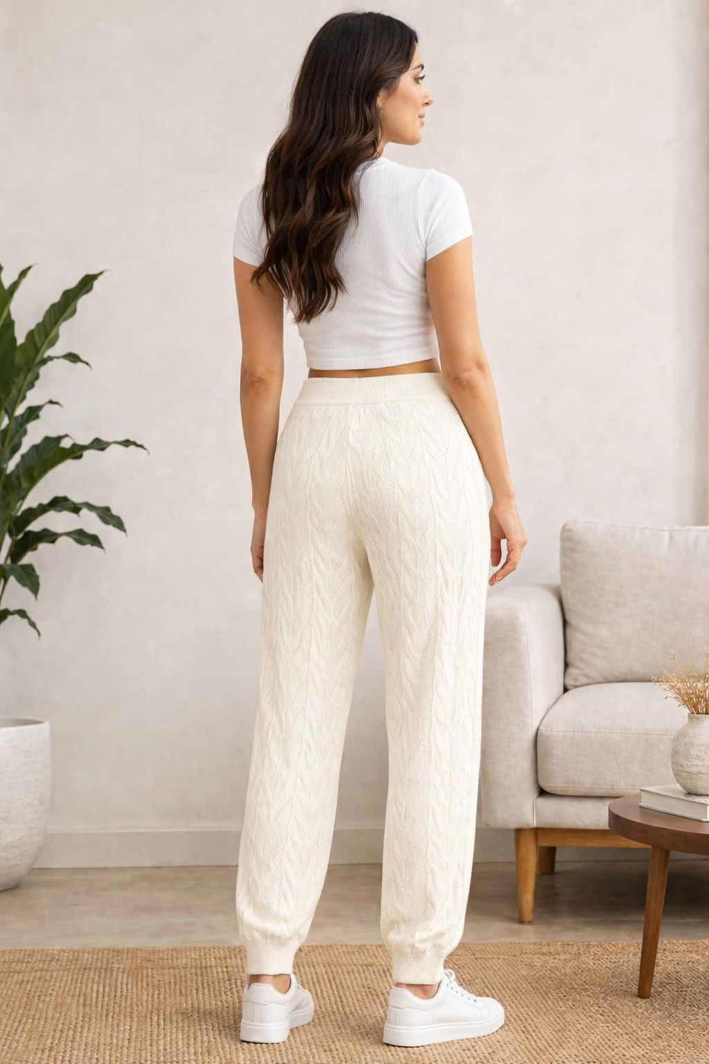 Knitted Jogger Pants | 100% Acrylic | High Rise Elastic Waist | Cable Knit | Winter Warm | White
