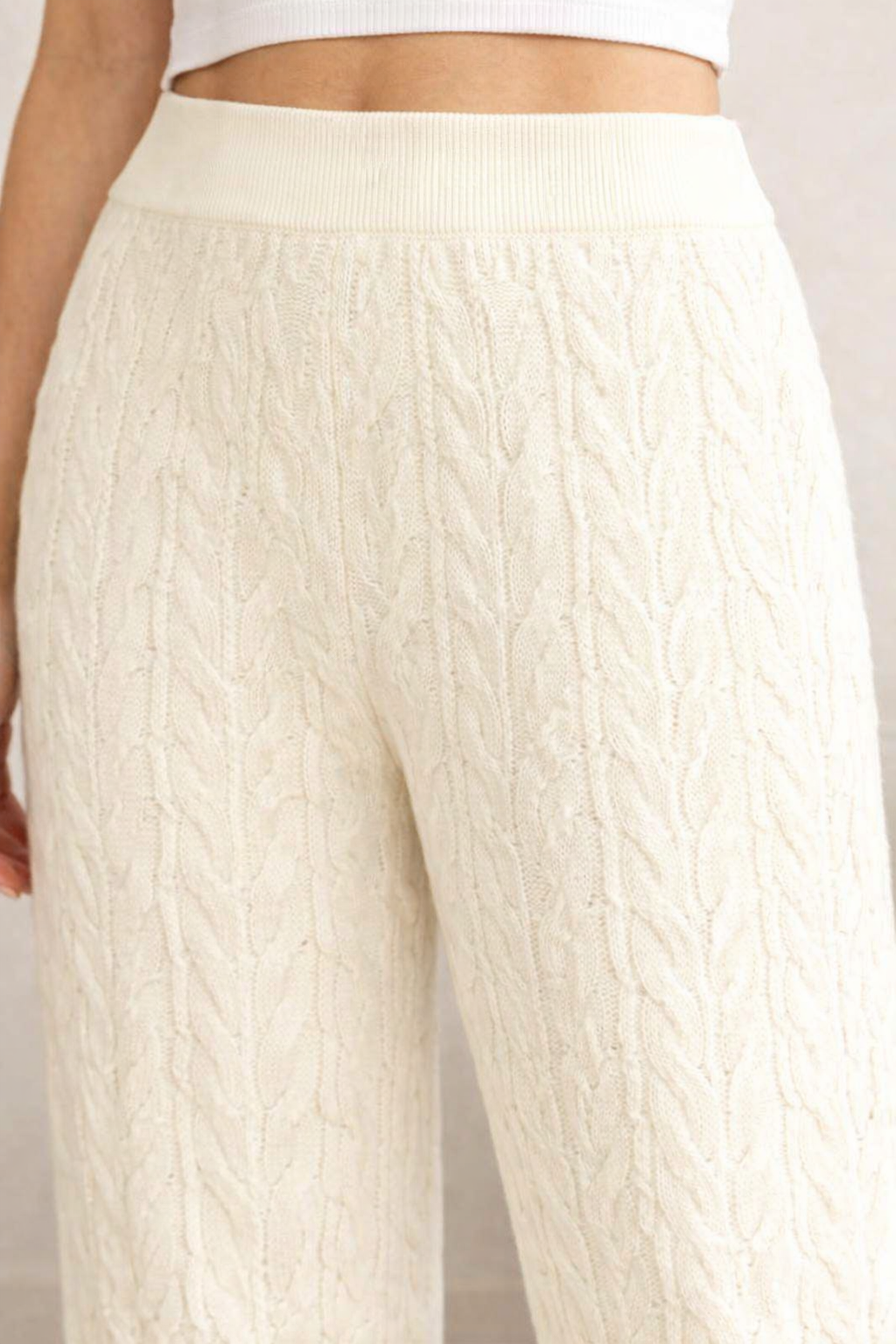 Knitted Jogger Pants | 100% Acrylic | High Rise Elastic Waist | Cable Knit | Winter Warm | White