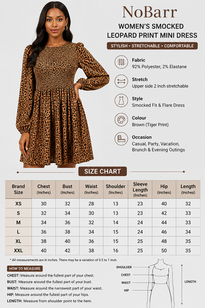 Smocked Leopard Print Mini Dress | Brown | 92% Polyester 2% Elastane | Stretchable Bodice | Long Sleeve