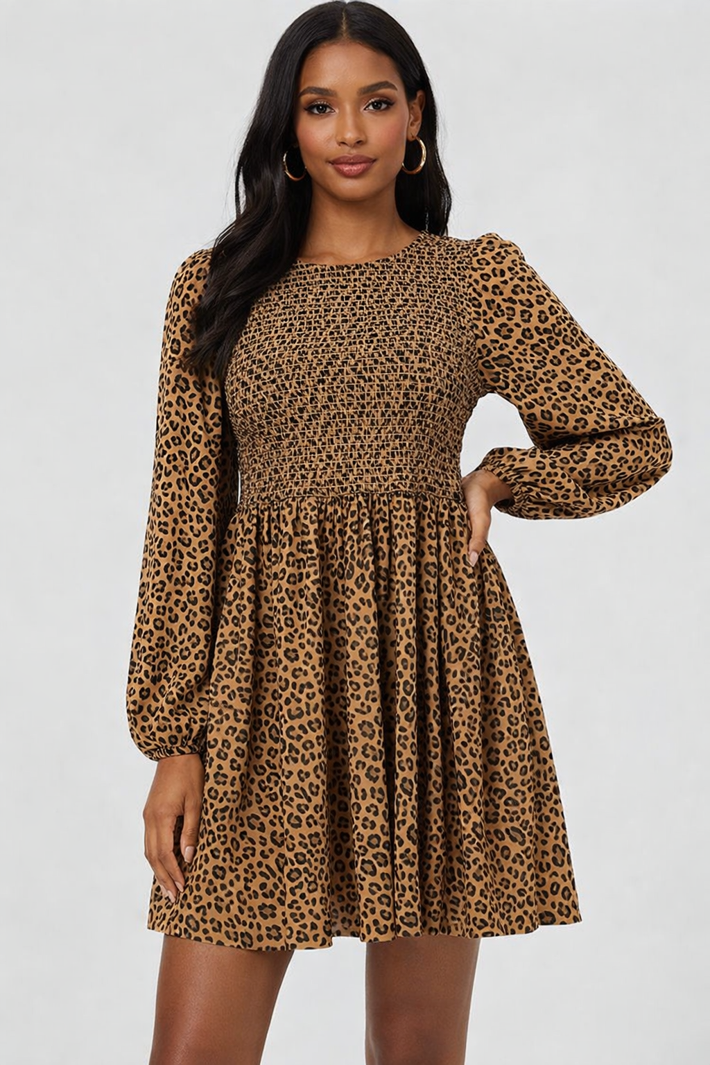 Smocked Leopard Print Mini Dress | Brown | 92% Polyester 2% Elastane | Stretchable Bodice | Long Sleeve