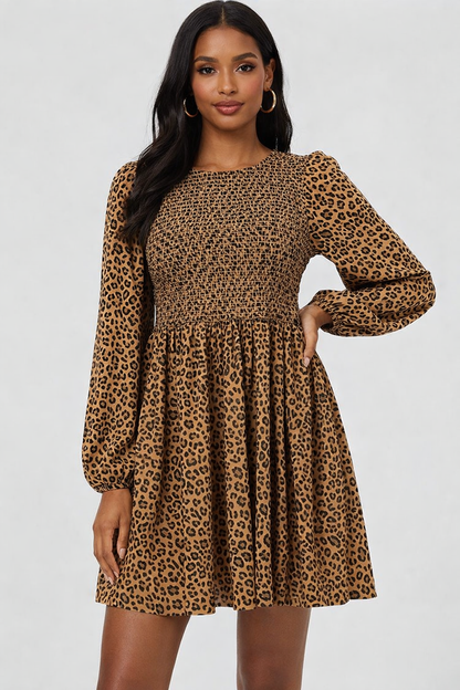Smocked Leopard Print Mini Dress | Brown | 92% Polyester 2% Elastane | Stretchable Bodice | Long Sleeve