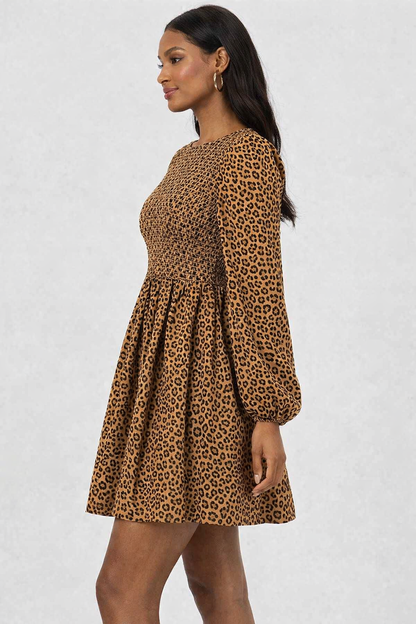 Smocked Leopard Print Mini Dress | Brown | 92% Polyester 2% Elastane | Stretchable Bodice | Long Sleeve