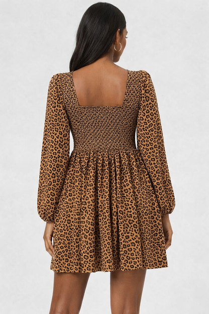 Smocked Leopard Print Mini Dress | Brown | 92% Polyester 2% Elastane | Stretchable Bodice | Long Sleeve