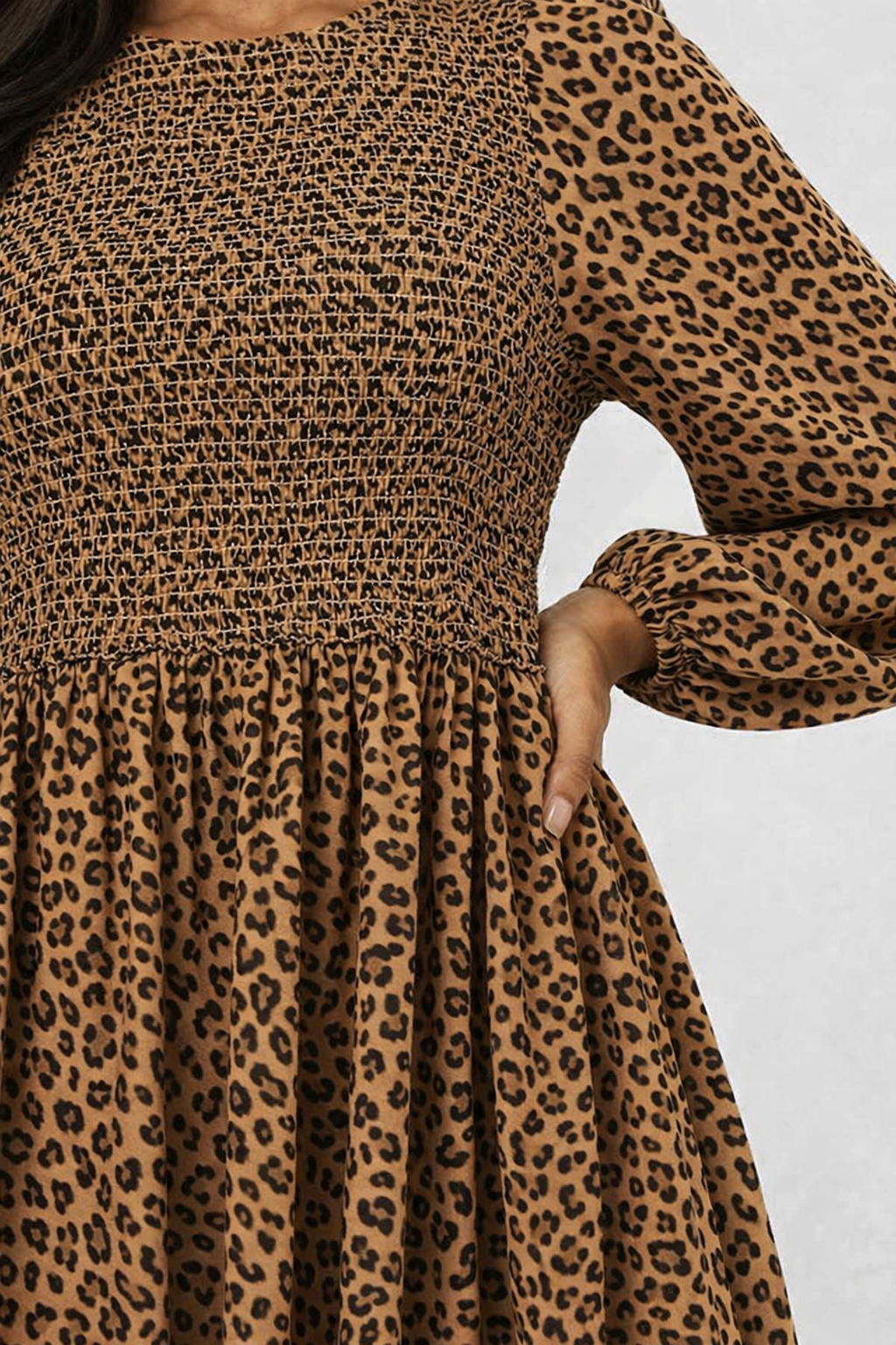 Smocked Leopard Print Mini Dress | Brown | 92% Polyester 2% Elastane | Stretchable Bodice | Long Sleeve