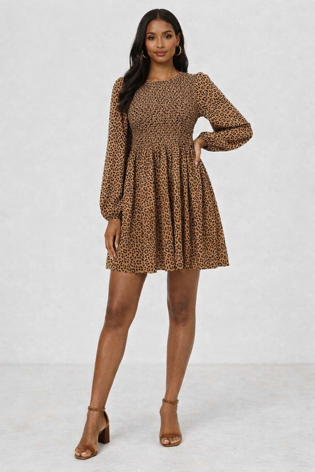 Smocked Leopard Print Mini Dress | Brown | 92% Polyester 2% Elastane | Stretchable Bodice | Long Sleeve