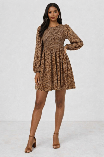 Smocked Leopard Print Mini Dress | Brown | 92% Polyester 2% Elastane | Stretchable Bodice | Long Sleeve