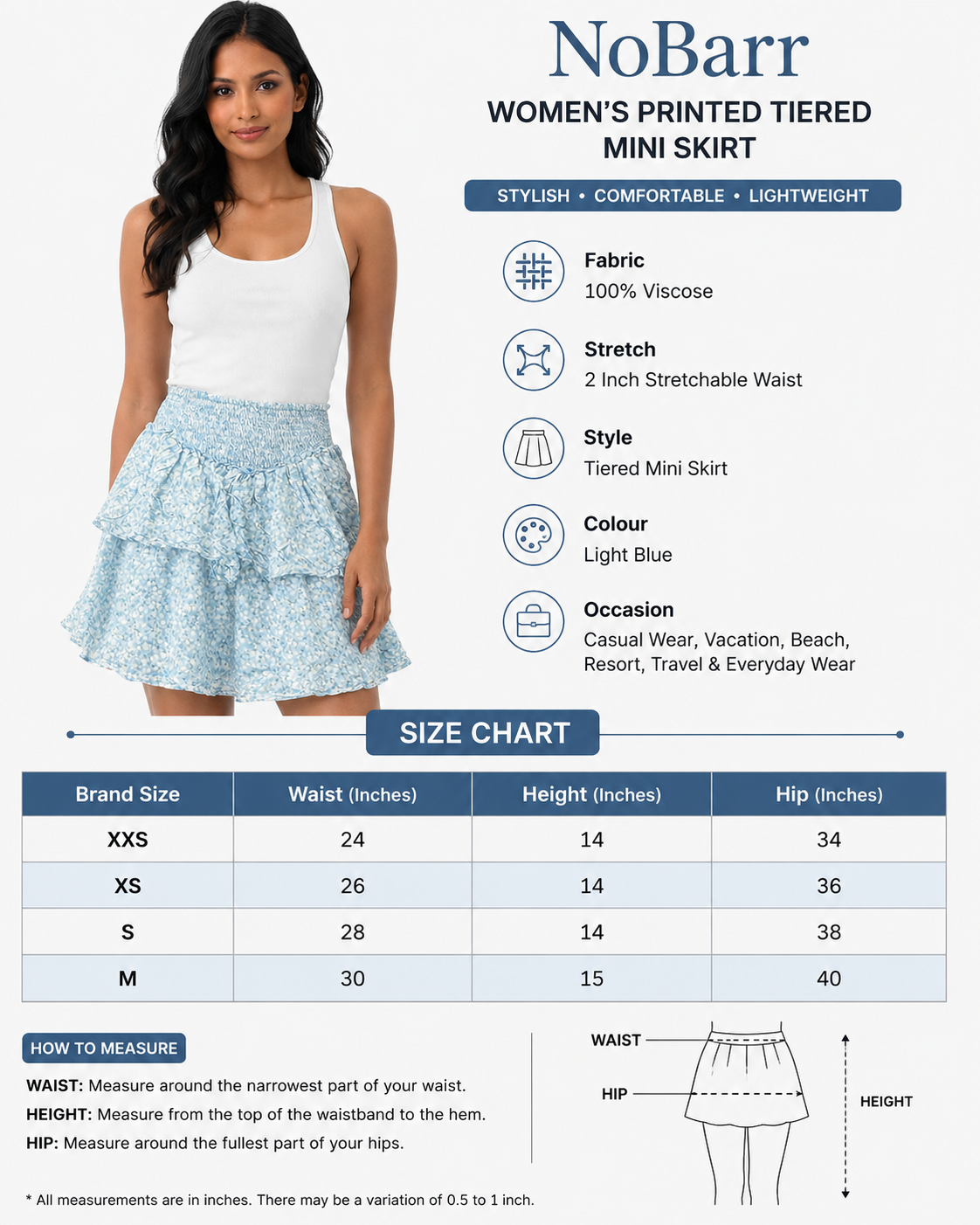Printed Tiered Mini Skirt | 100% Viscose | Smocked Waist | Stretchable | Light Blue