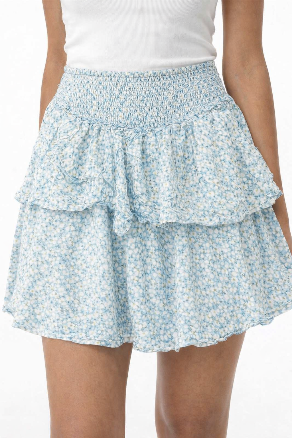 Printed Tiered Mini Skirt | 100% Viscose | Smocked Waist | Stretchable | Light Blue