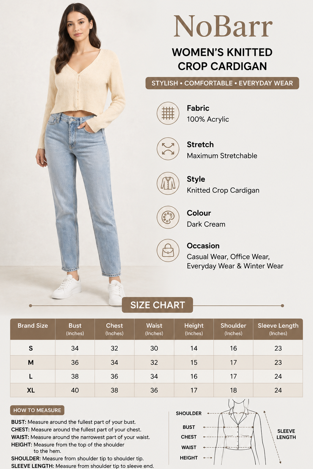Knitted Crop Cardigan Sweater | 100% Acrylic | V-Neck | Button Front | Full Sleeves | Dark Cream