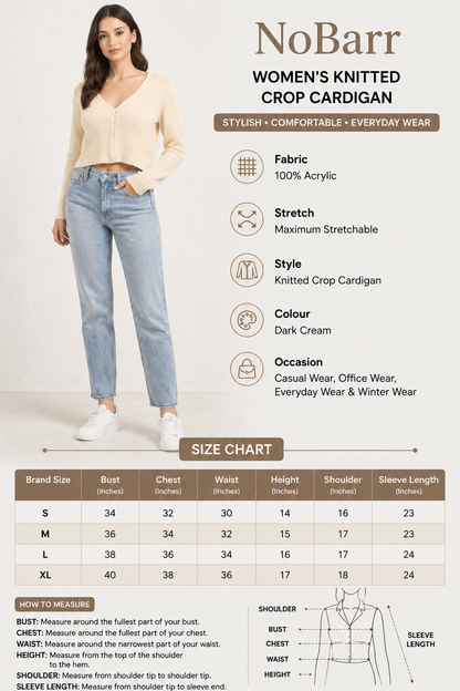 Knitted Crop Cardigan Sweater | 100% Acrylic | V-Neck | Button Front | Full Sleeves | Dark Cream