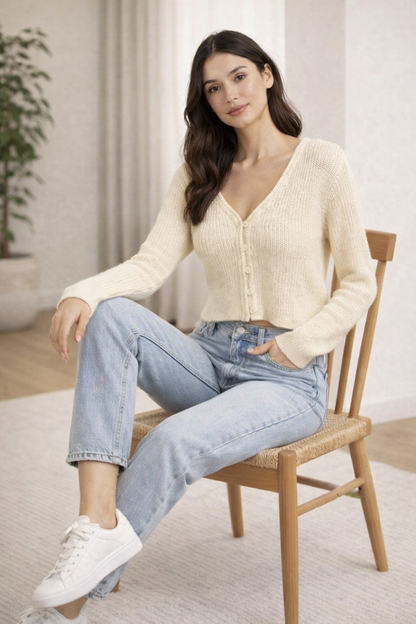 Knitted Crop Cardigan Sweater | 100% Acrylic | V-Neck | Button Front | Full Sleeves | Dark Cream