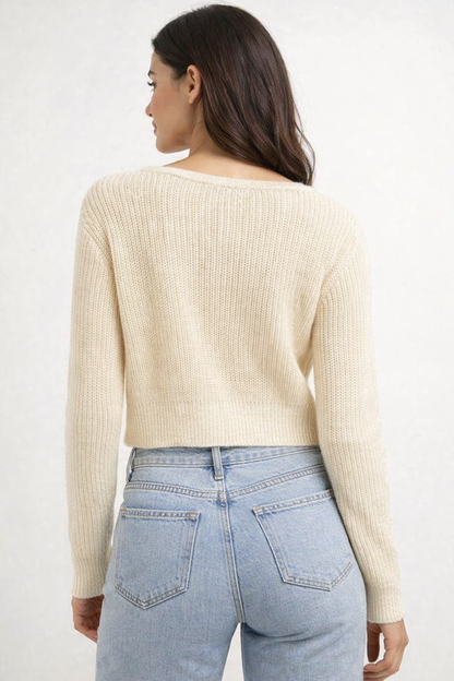 Knitted Crop Cardigan Sweater | 100% Acrylic | V-Neck | Button Front | Full Sleeves | Dark Cream