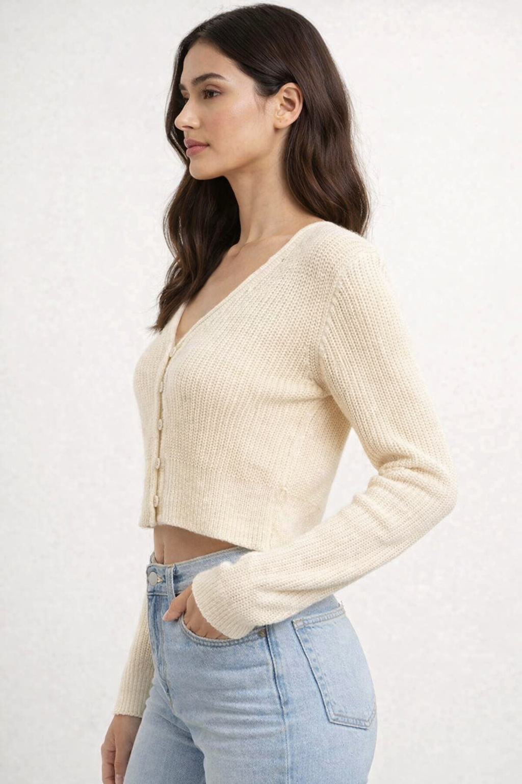 Knitted Crop Cardigan Sweater | 100% Acrylic | V-Neck | Button Front | Full Sleeves | Dark Cream