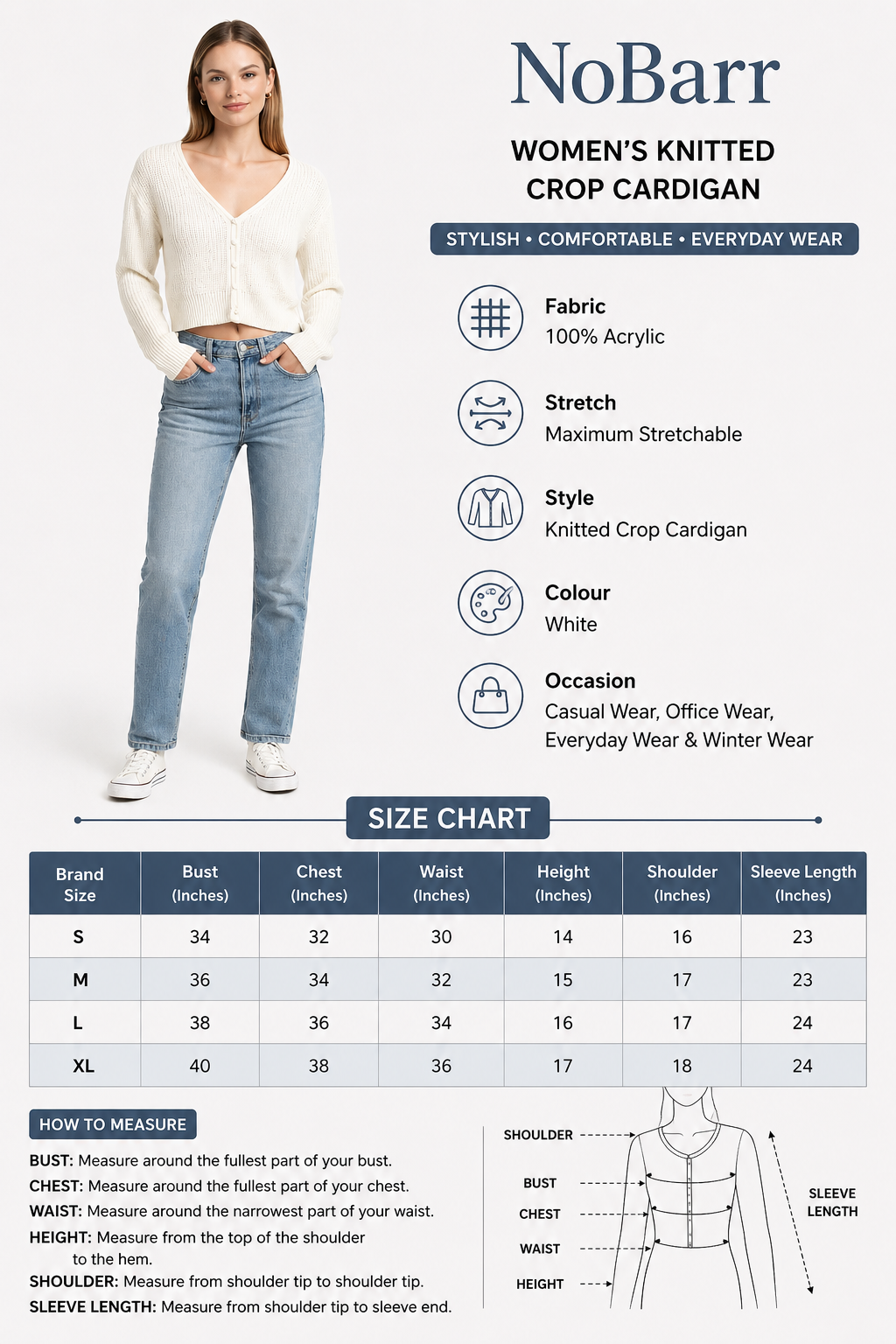 Knitted Crop Cardigan Sweater | 100% Acrylic | V-Neck | Button Front | Full Sleeves | White