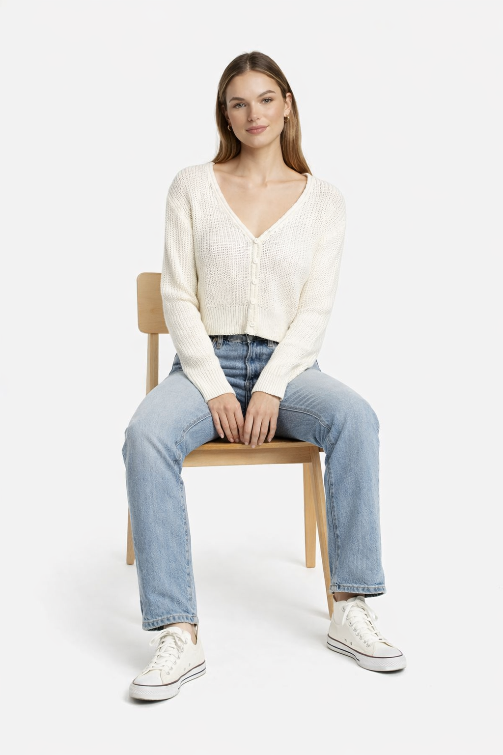Knitted Crop Cardigan Sweater | 100% Acrylic | V-Neck | Button Front | Full Sleeves | White